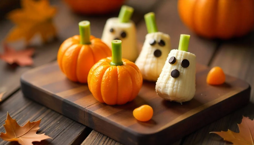 Halloweeni banán szellemek és mandarin tökök