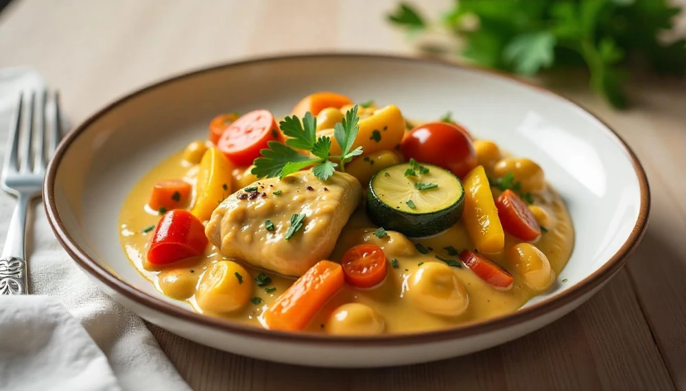 Mustáros-tejfölös csirkeragu sült zöldségekkel