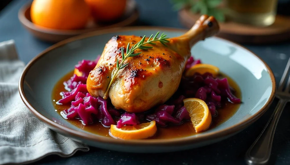 Narancsos-kakukkfüves sült kacsacomb lilakáposztával