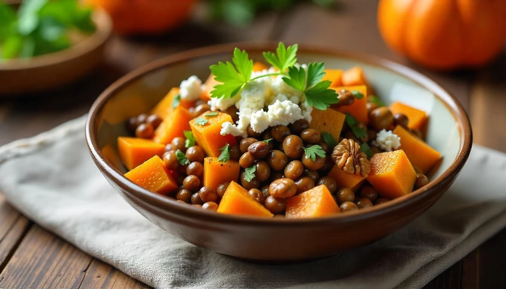 Sült sütőtökös-lencsés saláta fetával és dióval