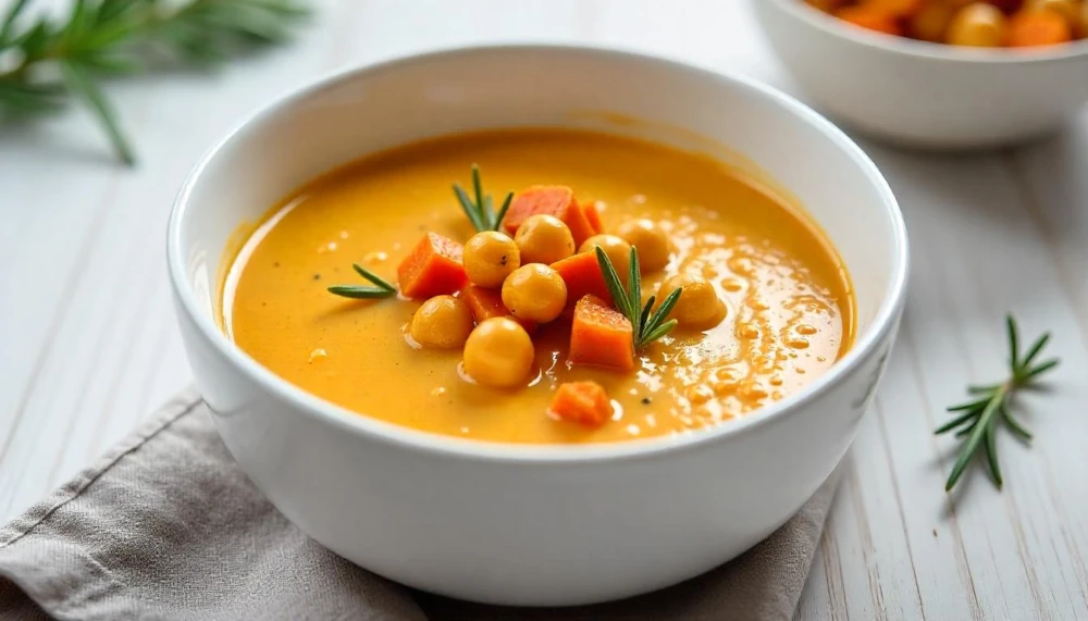 Sült zöldségleves rozmaringgal és pirított csicseriborsóval