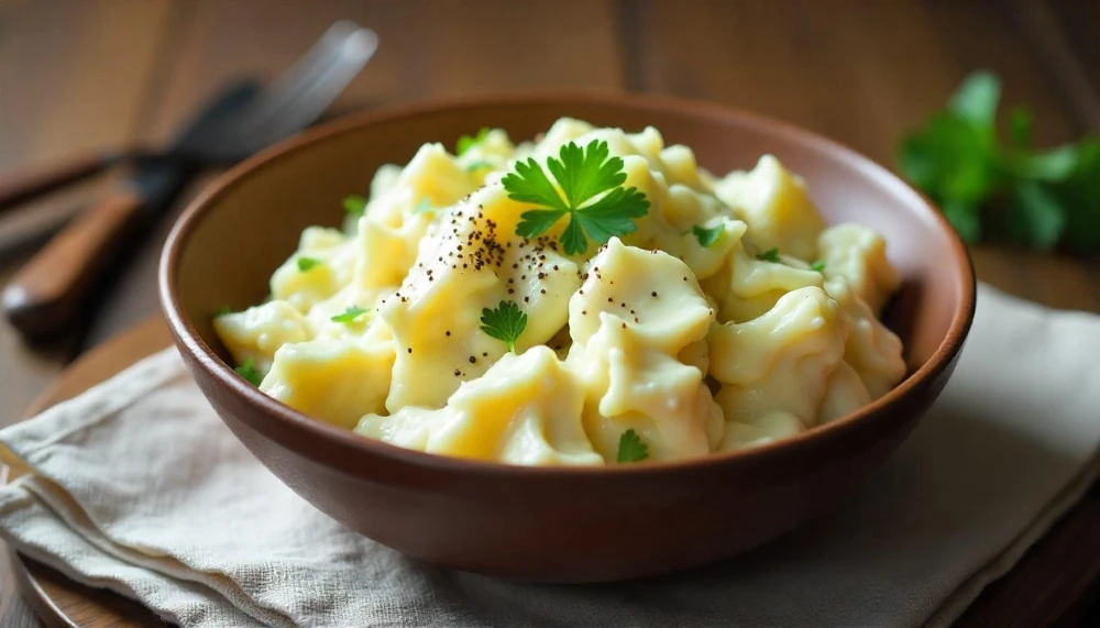 Tört krumpli saláta fokhagymás joghurtöntettel