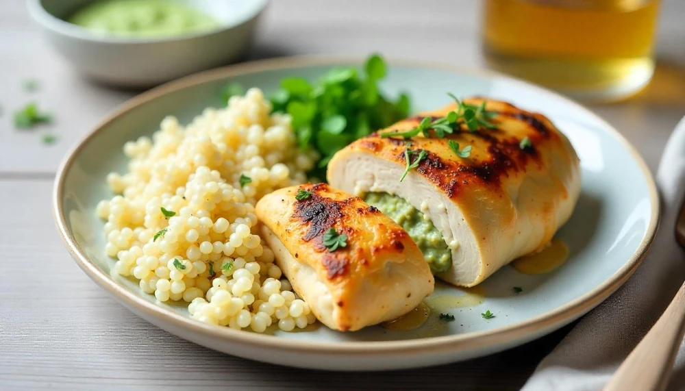 Vasalt csirkemell medvehagymás sajttal töltve, bulgurral